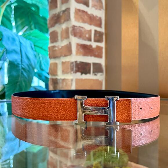 Hermes Accessories - HERMES Black Box Calfskin & Orange Togo Calfskin Reversible Belt Kit Sz 100